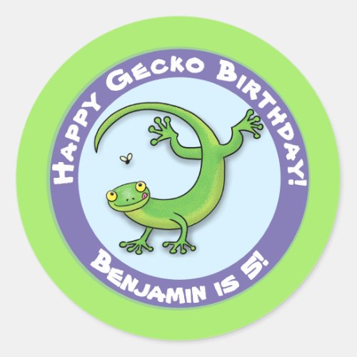 Cute funny green gecko cartoon  classic round sticker