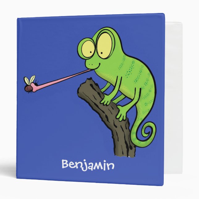 Cute funny green happy chameleon lizard cartoon 3 ring binder (Front/Inside)