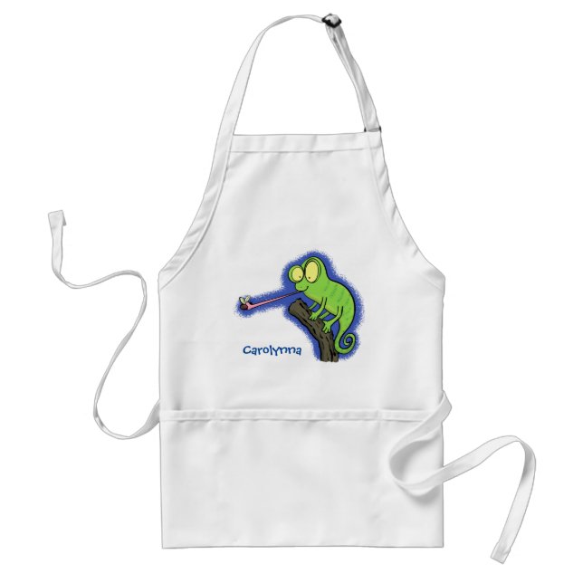Cute funny green happy chameleon lizard cartoon adult apron (Front)