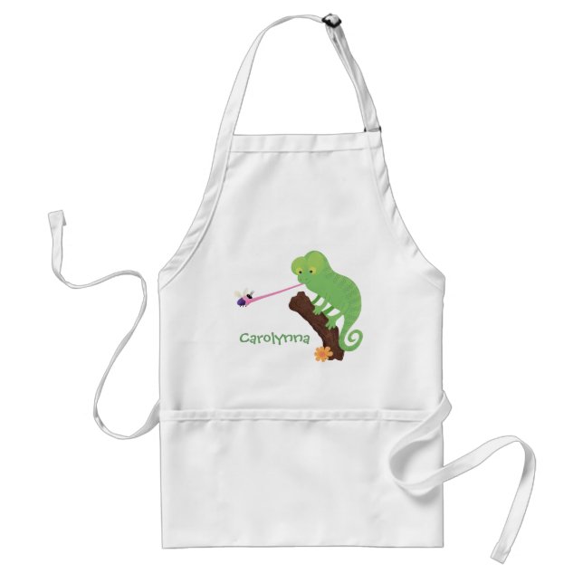 Cute funny green happy chameleon lizard cartoon adult apron (Front)