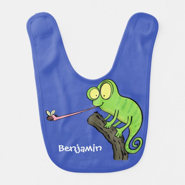 Cute funny green happy chameleon lizard cartoon baby bib (Front)
