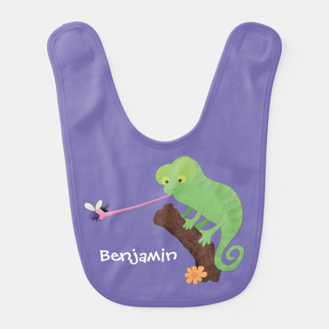 Cute funny green happy chameleon lizard cartoon baby bib (Front)