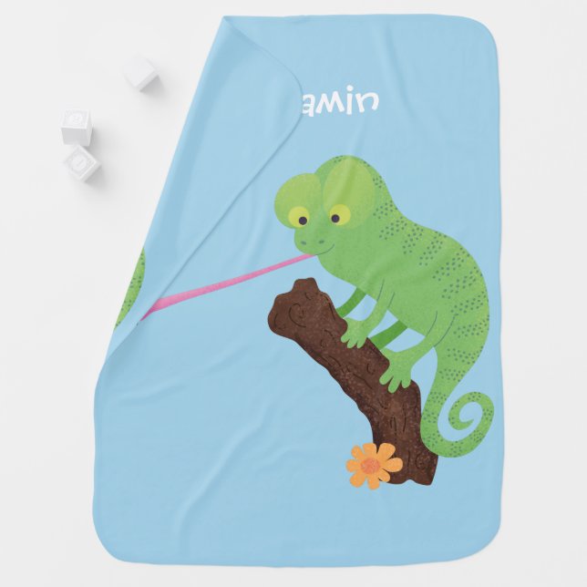 Cute funny green happy chameleon lizard cartoon baby blanket (In Situ)