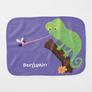 Cute funny green happy chameleon lizard cartoon baby burp cloth