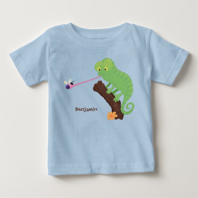 Cute funny green happy chameleon lizard cartoon baby T-Shirt (Front)