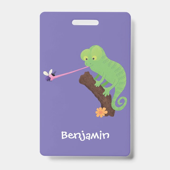 Cute funny green happy chameleon lizard cartoon badge (Front)