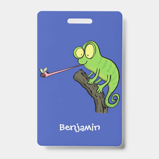 Cute funny green happy chameleon lizard cartoon badge (Front)