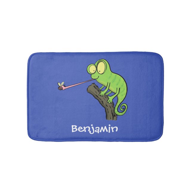 Cute funny green happy chameleon lizard cartoon bath mat (Front)