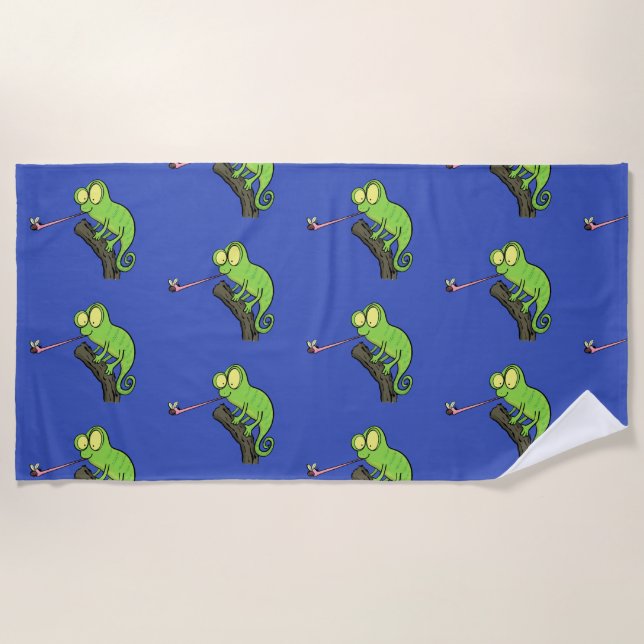 Cute funny green happy chameleon lizard cartoon beach towel (Front)
