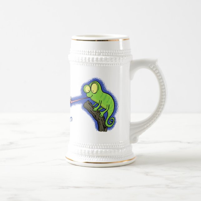 Cute funny green happy chameleon lizard cartoon beer stein (Right)