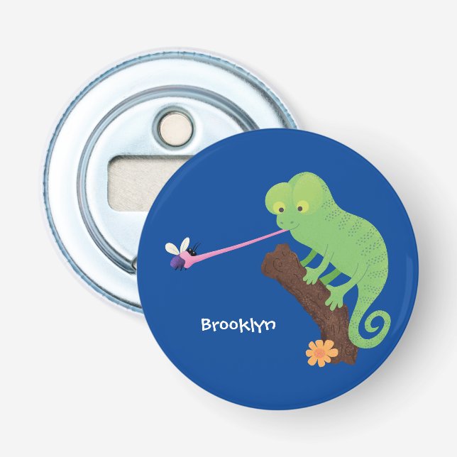 Cute funny green happy chameleon lizard cartoon bottle opener (Front)
