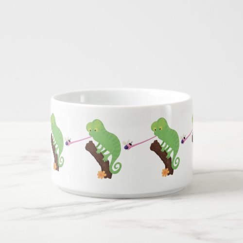 Cute funny green happy chameleon lizard cartoon bowl