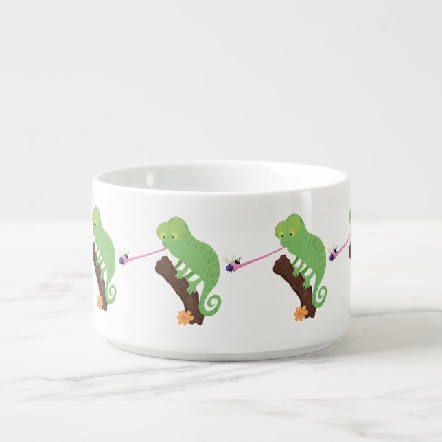 Cute funny green happy chameleon lizard cartoon bowl (Center)