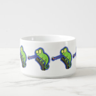 Cute funny green happy chameleon lizard cartoon bowl