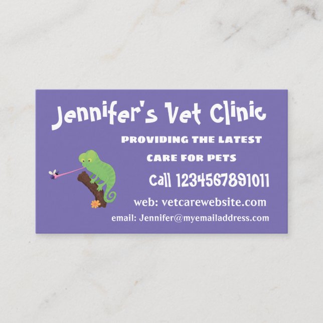 Cute funny green happy chameleon lizard cartoon business card (Front)