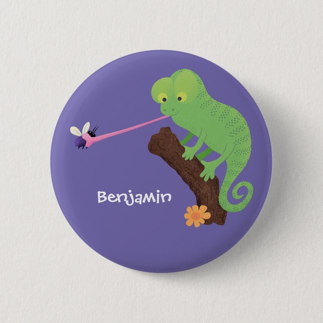 Cute funny green happy chameleon lizard cartoon button (Front)