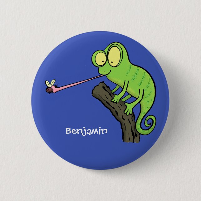 Cute funny green happy chameleon lizard cartoon button (Front)