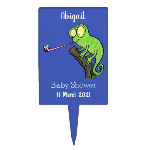 Cute funny green happy chameleon lizard cartoon cake topper
