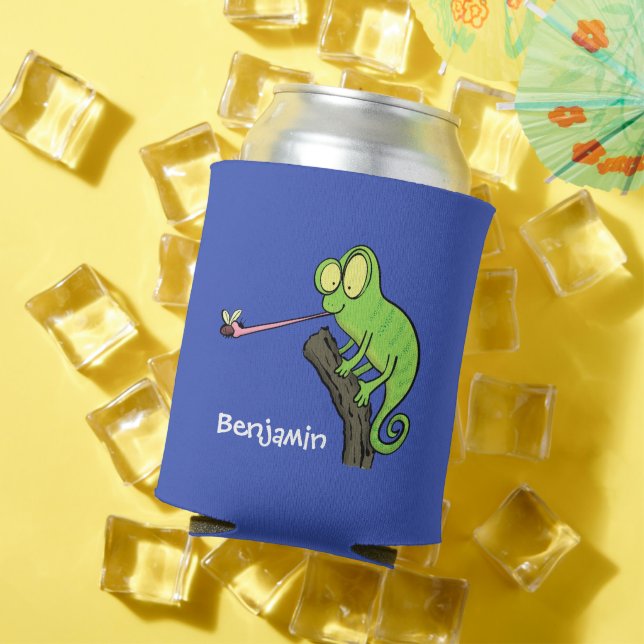 Cute funny green happy chameleon lizard cartoon can cooler (In Situ Summer)