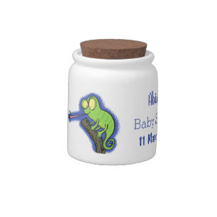 Cute funny green happy chameleon lizard cartoon candy jar