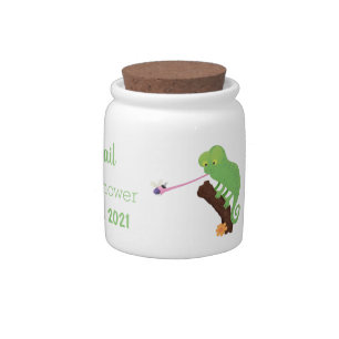 Cute funny green happy chameleon lizard cartoon candy jar