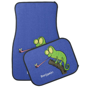 Cute funny green happy chameleon lizard cartoon car floor mat