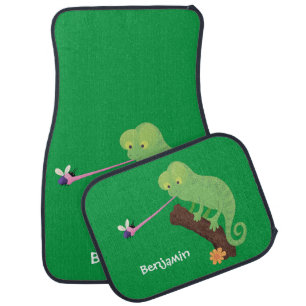 Cute funny green happy chameleon lizard cartoon car floor mat