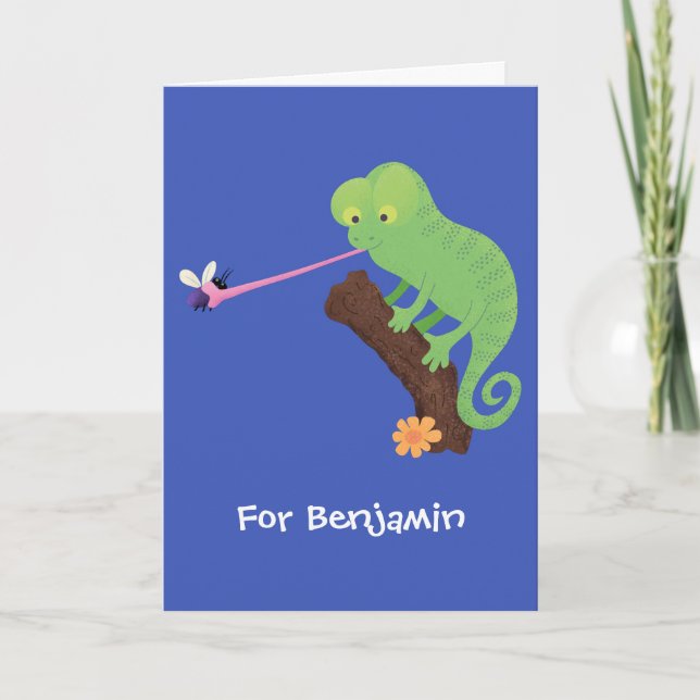 Cute funny green happy chameleon lizard cartoon card (Front)