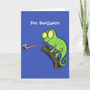 Cute funny green happy chameleon lizard cartoon card