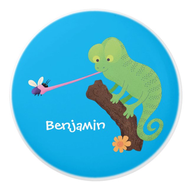 Cute funny green happy chameleon lizard cartoon ceramic knob (Front)