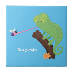 Cute funny green happy chameleon lizard cartoon ceramic tile