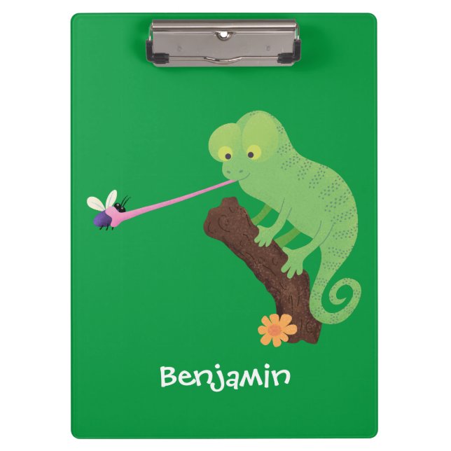 Cute funny green happy chameleon lizard cartoon clipboard (Front)