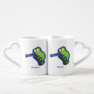 Cute funny green happy chameleon lizard cartoon coffee mug set