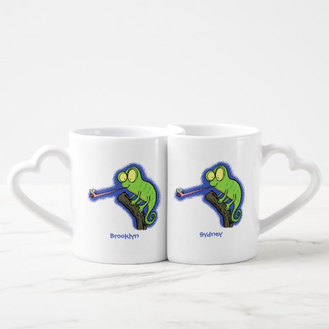 Cute funny green happy chameleon lizard cartoon coffee mug set (Front Nesting)