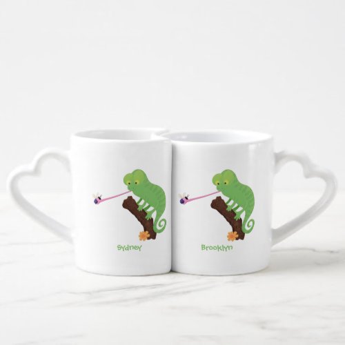 Cute funny green happy chameleon lizard cartoon coffee mug set