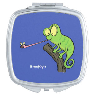 Cute funny green happy chameleon lizard cartoon compact mirror