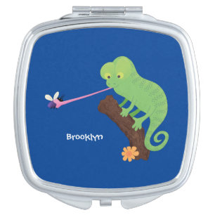Cute funny green happy chameleon lizard cartoon compact mirror