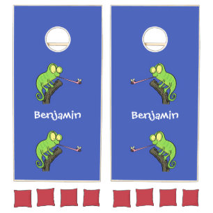Cute funny green happy chameleon lizard cartoon cornhole set