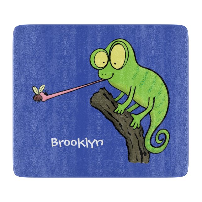 Cute funny green happy chameleon lizard cartoon cutting board (Front)