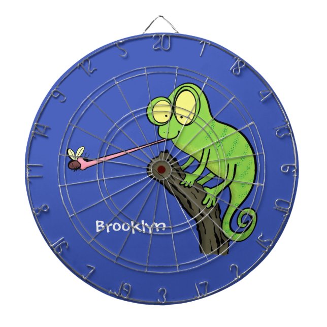 Cute funny green happy chameleon lizard cartoon dart board (Front)