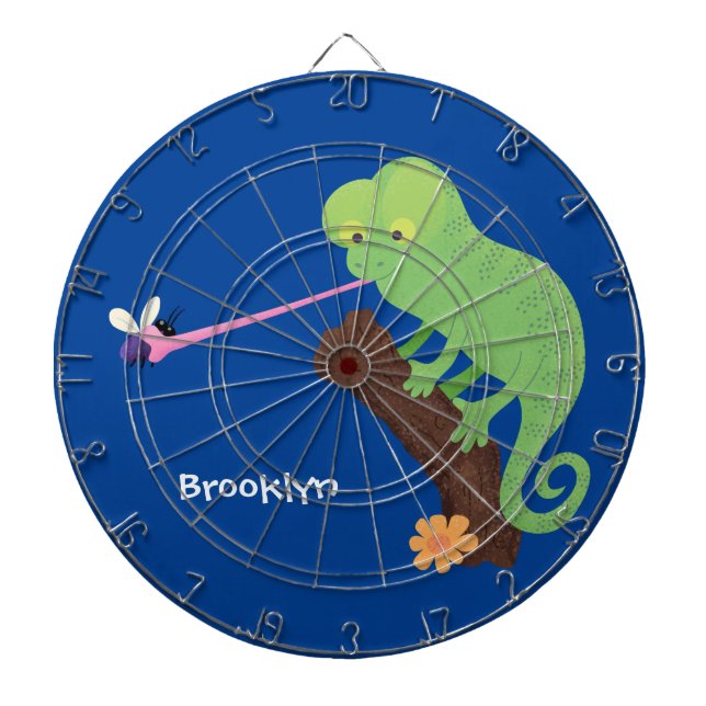 Cute funny green happy chameleon lizard cartoon dart board (Front)