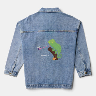 Cute funny green happy chameleon lizard cartoon denim jacket