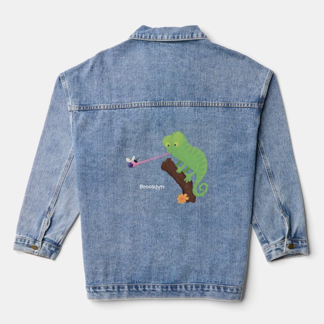 Cute funny green happy chameleon lizard cartoon denim jacket (Back)