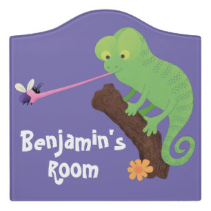 Cute funny green happy chameleon lizard cartoon door sign