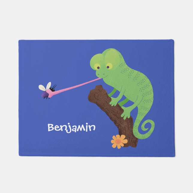 Cute funny green happy chameleon lizard cartoon doormat (Front)