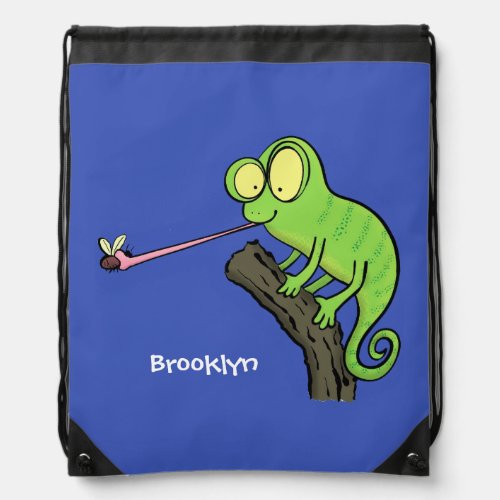 Cute funny green happy chameleon lizard cartoon drawstring bag