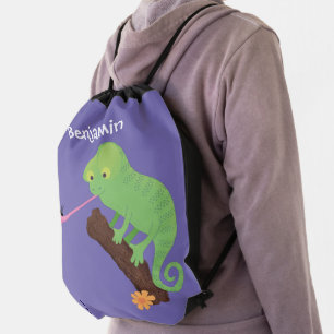 Cute funny green happy chameleon lizard cartoon drawstring bag