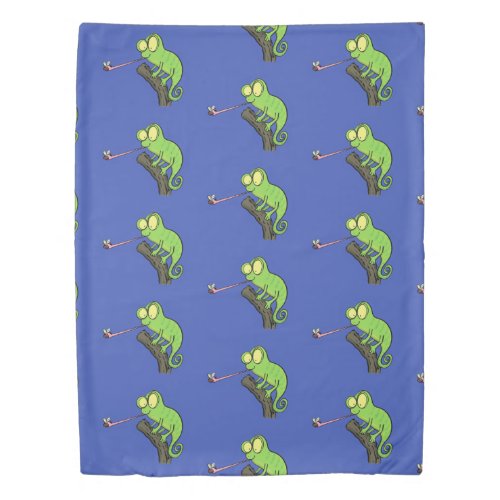 Cute funny green happy chameleon lizard cartoon duvet cover