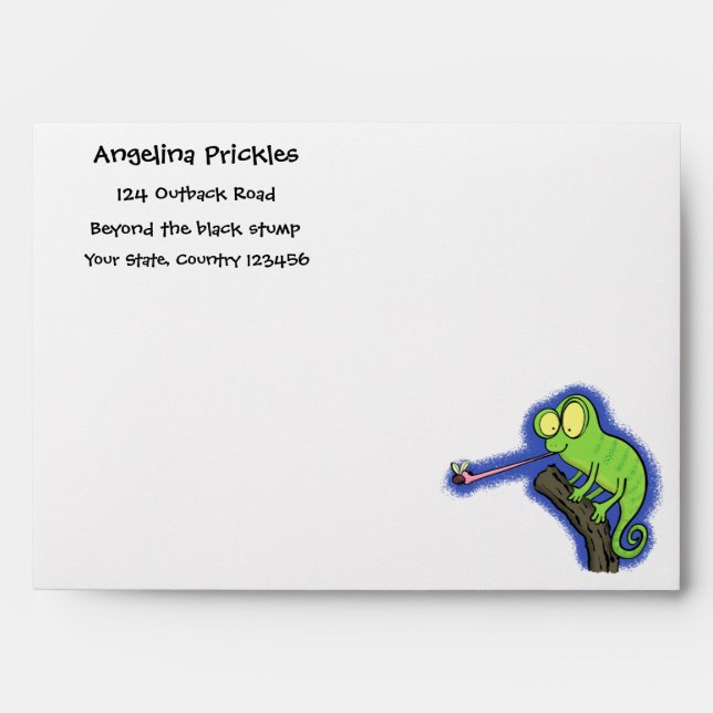 Cute funny green happy chameleon lizard cartoon envelope (Front)