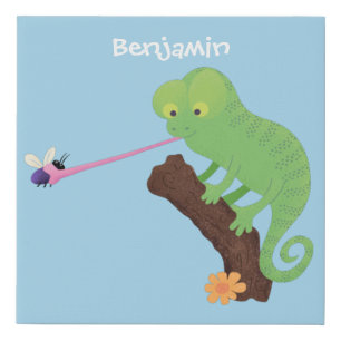 Cute funny green happy chameleon lizard cartoon faux canvas print